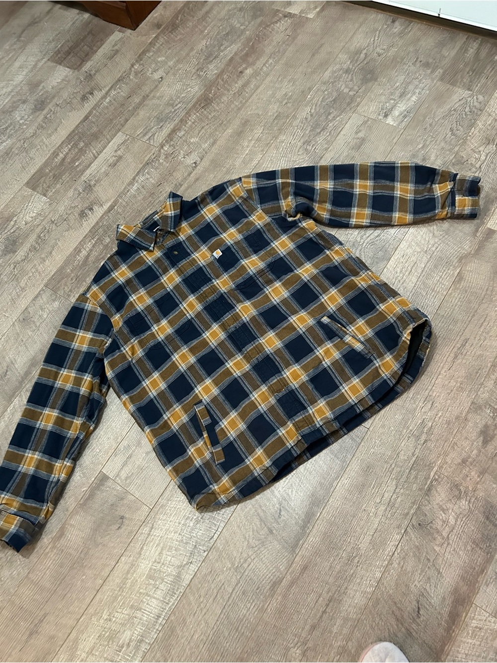Carhartt Men's Navy and Mustard Plaid Lightweight Shirt Jacket